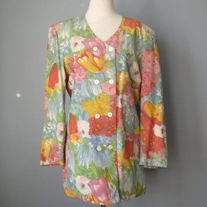 Vintage 1980s Printed Blazer Floral Orange Blue Pink boxy long